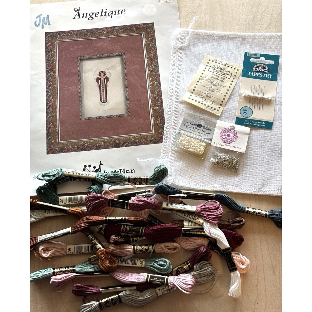Just Nan Angelique Angel Cross Stitch Linen DMC Floss Seed Beads Needle Pack